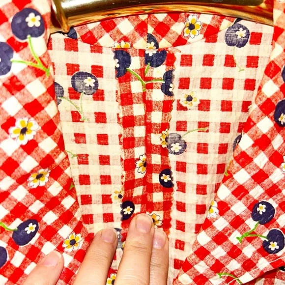 VINTAGE Handmade Seersucker Gingham & Blueberries Collared Mini Dress SZ: SMALL - Picture 8 of 11